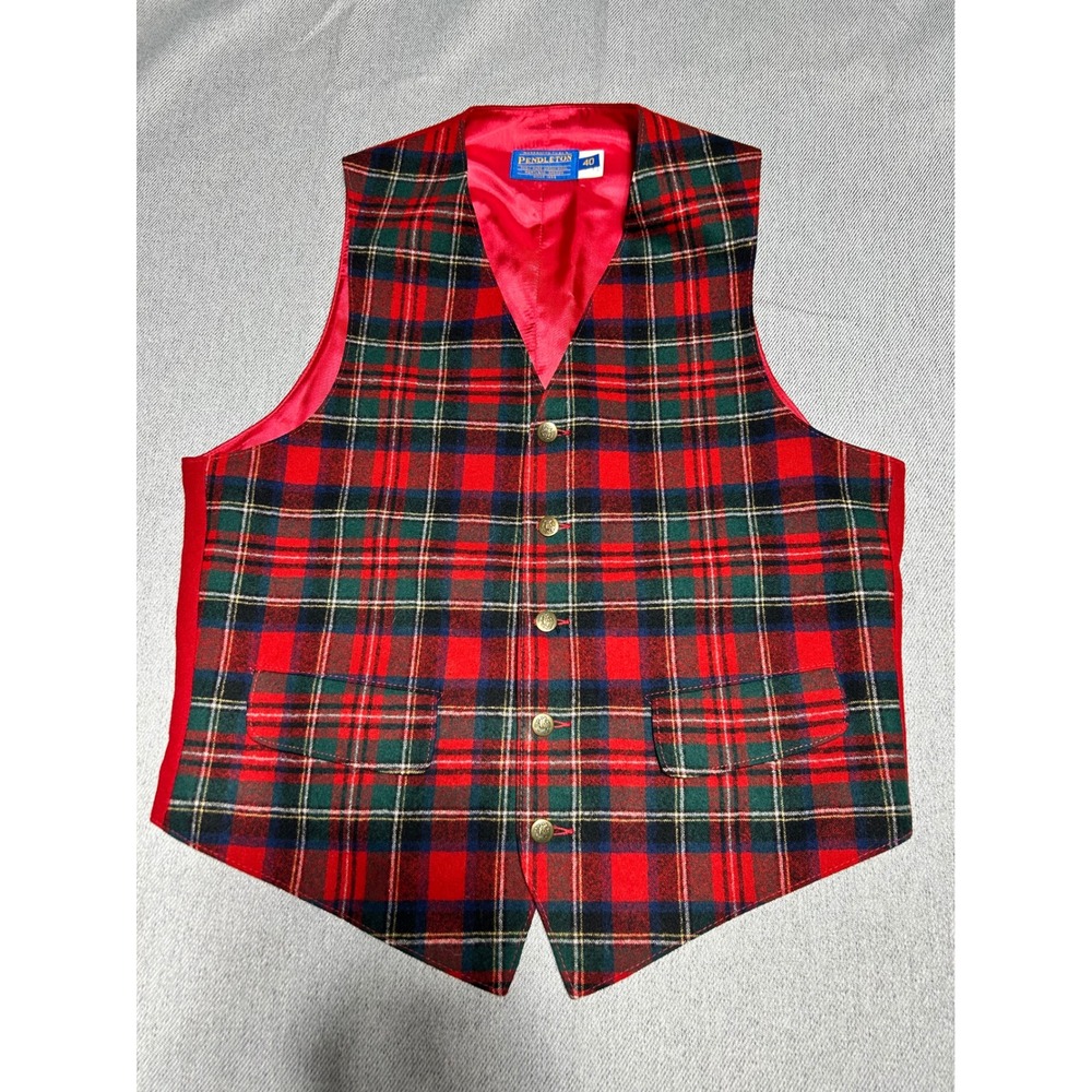 Pendleton Vest Mens 40 Red Plaid Virgin Wool Button Down‎ Front V Neck USA Made
